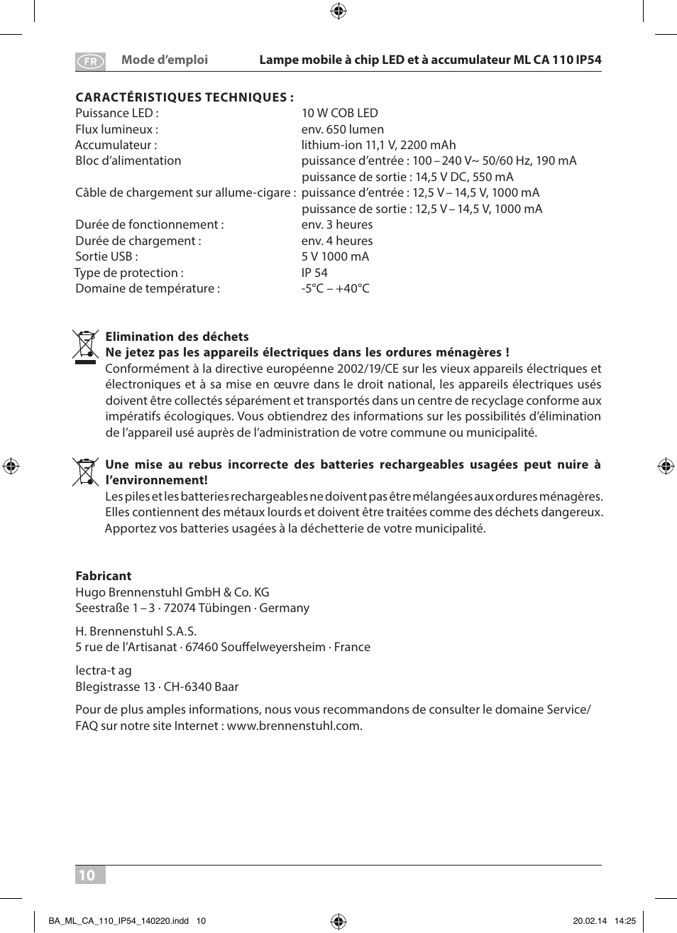 Brennenstuhl Mobile Akku Chip LED Light ML CA 110 IP54 10W 650lm battery exchangeable and with power supply User Manual | Page 10 / 64