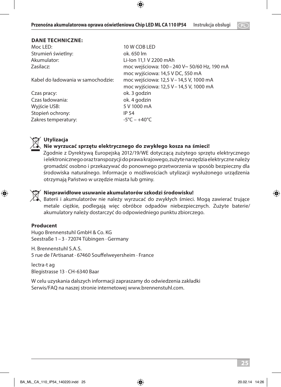 Brennenstuhl Mobile Akku Chip LED Light ML CA 110 IP54 10W 650lm battery exchangeable and with power supply User Manual | Page 25 / 64