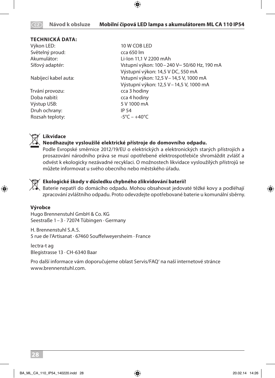 Brennenstuhl Mobile Akku Chip LED Light ML CA 110 IP54 10W 650lm battery exchangeable and with power supply User Manual | Page 28 / 64