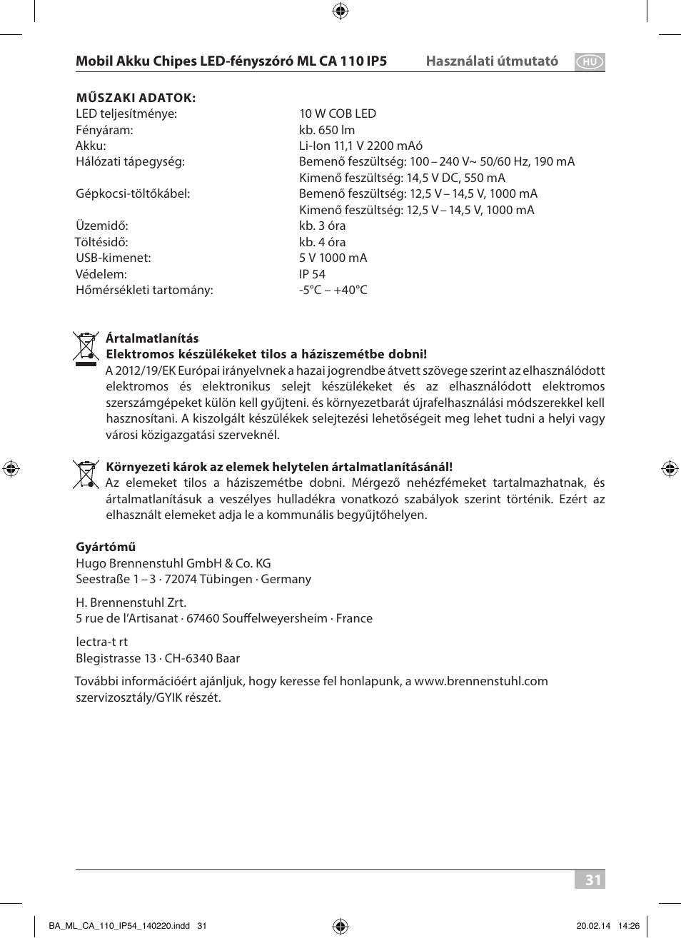 Brennenstuhl Mobile Akku Chip LED Light ML CA 110 IP54 10W 650lm battery exchangeable and with power supply User Manual | Page 31 / 64