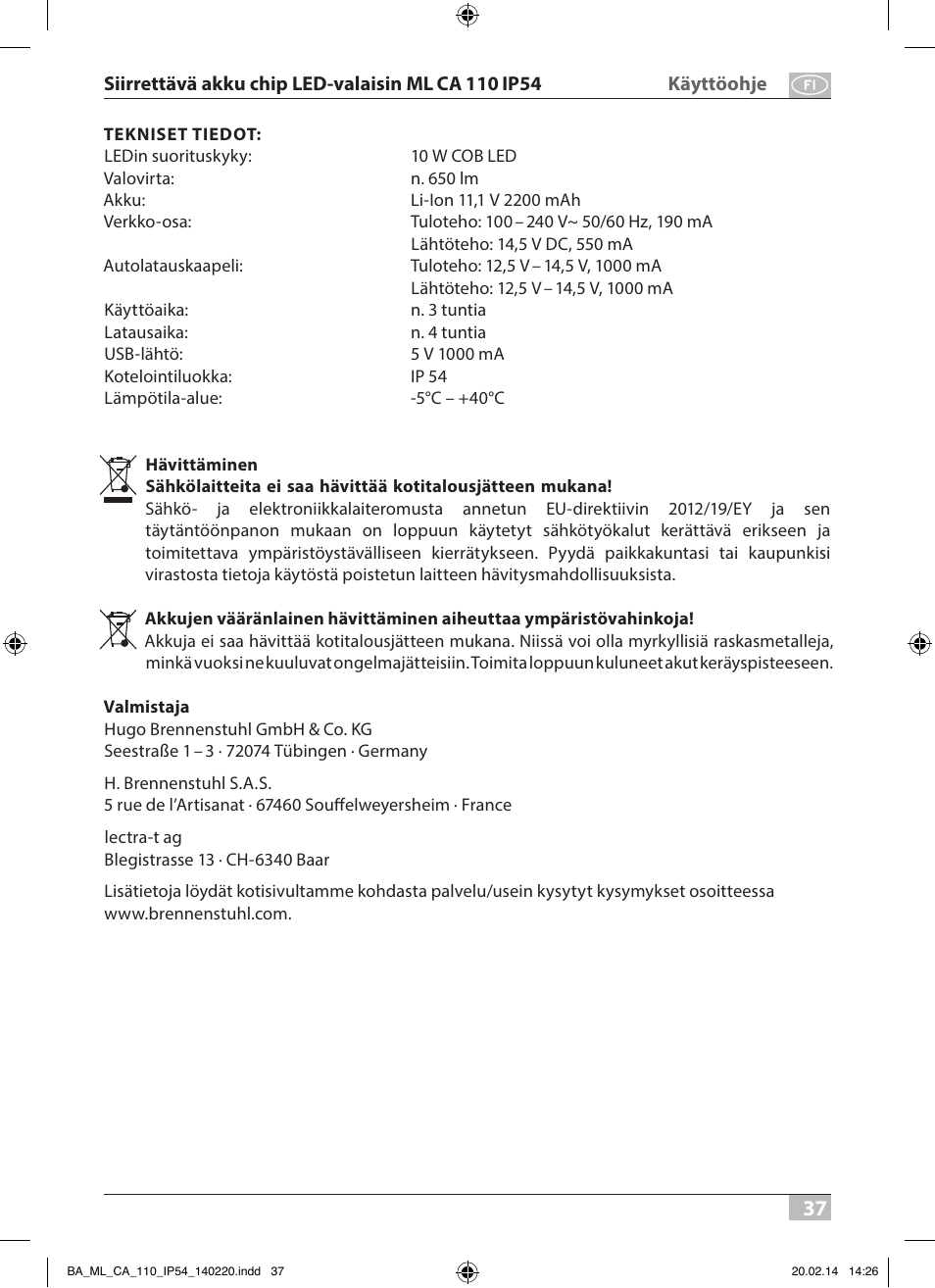 Brennenstuhl Mobile Akku Chip LED Light ML CA 110 IP54 10W 650lm battery exchangeable and with power supply User Manual | Page 37 / 64