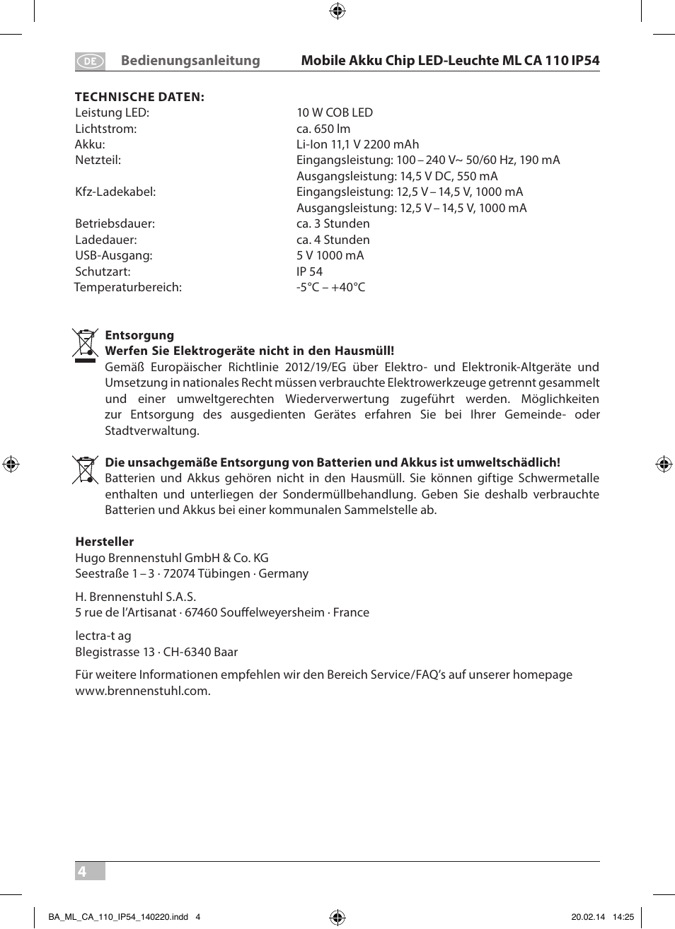 Brennenstuhl Mobile Akku Chip LED Light ML CA 110 IP54 10W 650lm battery exchangeable and with power supply User Manual | Page 4 / 64