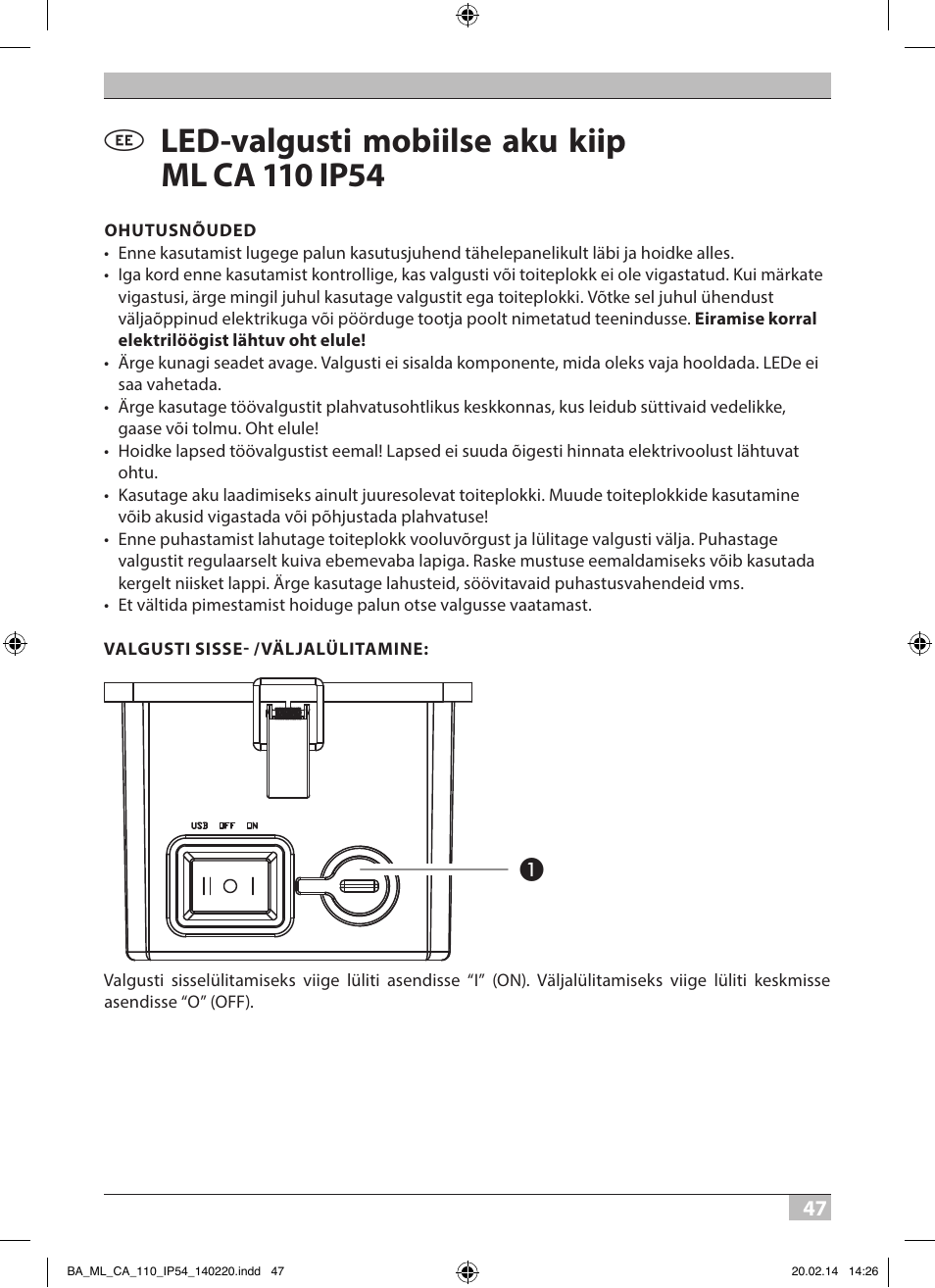 Brennenstuhl Mobile Akku Chip LED Light ML CA 110 IP54 10W 650lm battery exchangeable and with power supply User Manual | Page 47 / 64