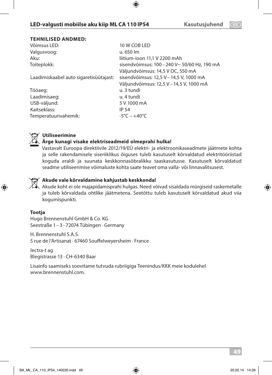 Brennenstuhl Mobile Akku Chip LED Light ML CA 110 IP54 10W 650lm battery exchangeable and with power supply User Manual | Page 49 / 64