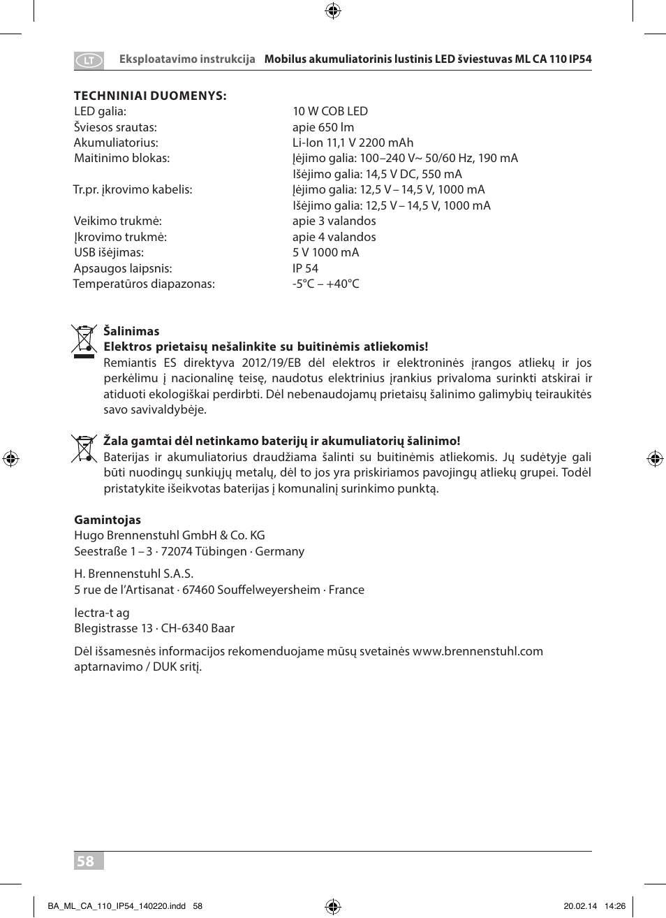 Brennenstuhl Mobile Akku Chip LED Light ML CA 110 IP54 10W 650lm battery exchangeable and with power supply User Manual | Page 58 / 64