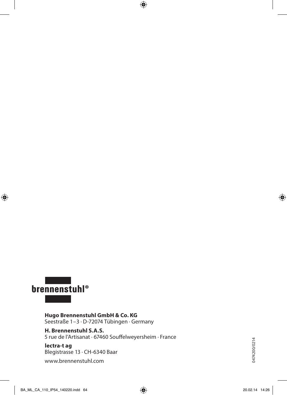 Brennenstuhl Mobile Akku Chip LED Light ML CA 110 IP54 10W 650lm battery exchangeable and with power supply User Manual | Page 64 / 64