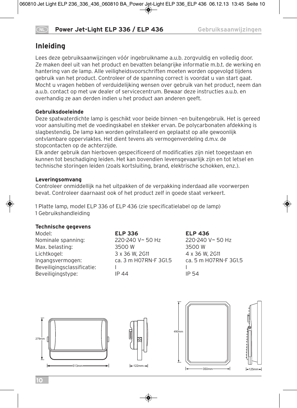 Inleiding | Brennenstuhl Power Jet-Light ELP 436 IP54 spotlight 5m H07RN-F 3G1,5 4x36W 4x2850lm Energy efficiency class B User Manual | Page 10 / 40