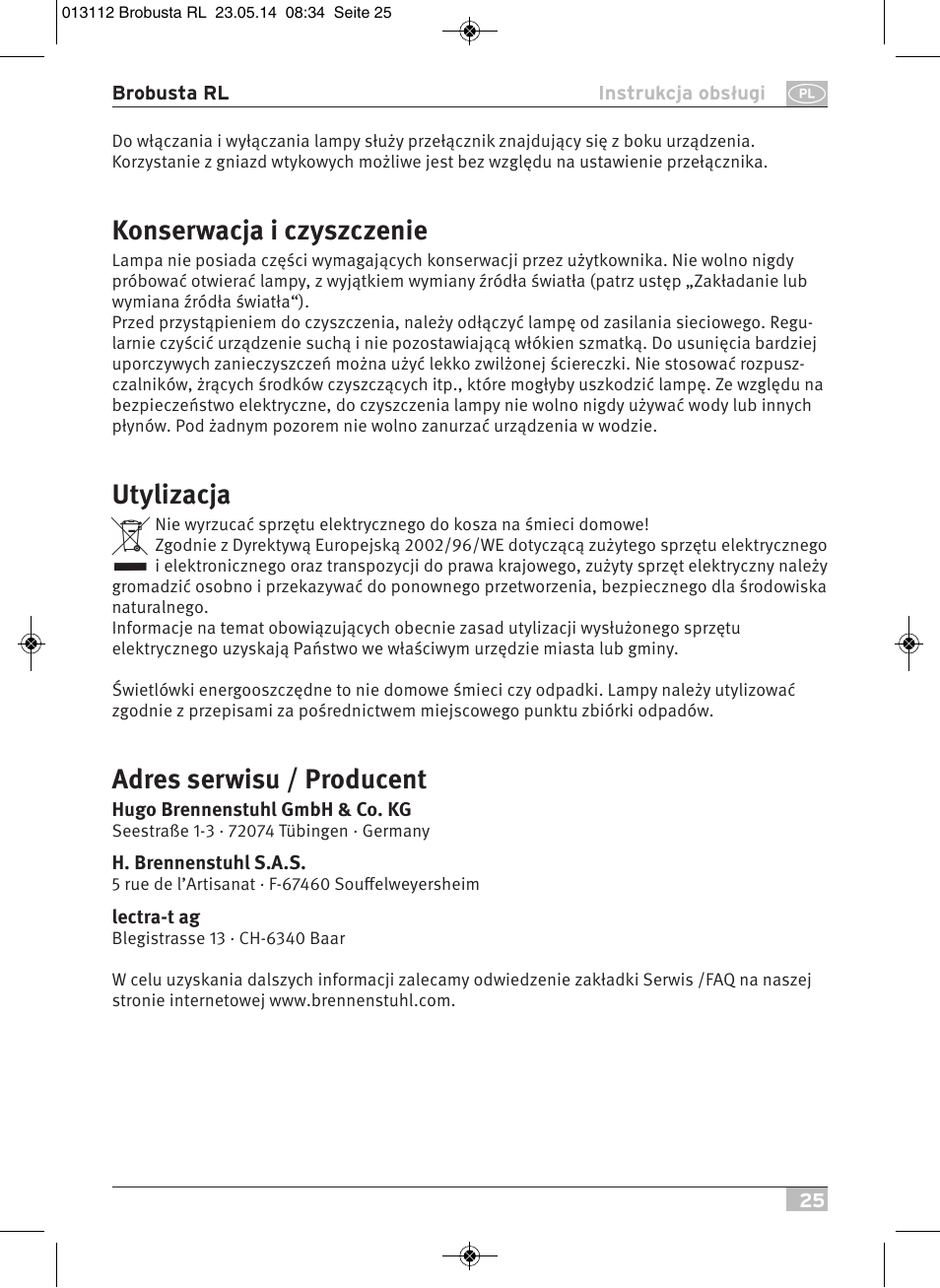Konserwacja i czyszczenie, Utylizacja, Adres serwisu / producent | Brennenstuhl Brobusta All-round Lamp RL E27 IP54 5m H07RN-F 3G1,5 max.60W User Manual | Page 25 / 64