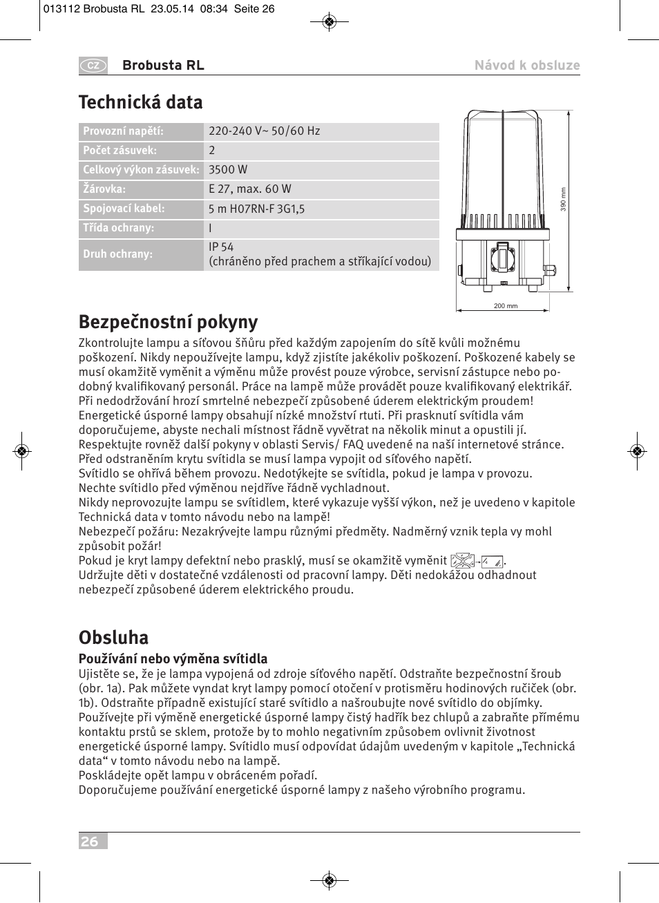 Bezpečnostní pokyny, Obsluha, Technická data | Brennenstuhl Brobusta All-round Lamp RL E27 IP54 5m H07RN-F 3G1,5 max.60W User Manual | Page 26 / 64