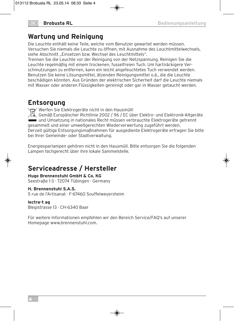 Wartung und reinigung, Entsorgung, Serviceadresse / hersteller | Brennenstuhl Brobusta All-round Lamp RL E27 IP54 5m H07RN-F 3G1,5 max.60W User Manual | Page 4 / 64