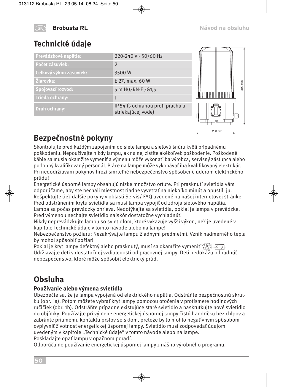 Bezpečnostné pokyny, Obsluha, Technické údaje | Brennenstuhl Brobusta All-round Lamp RL E27 IP54 5m H07RN-F 3G1,5 max.60W User Manual | Page 50 / 64
