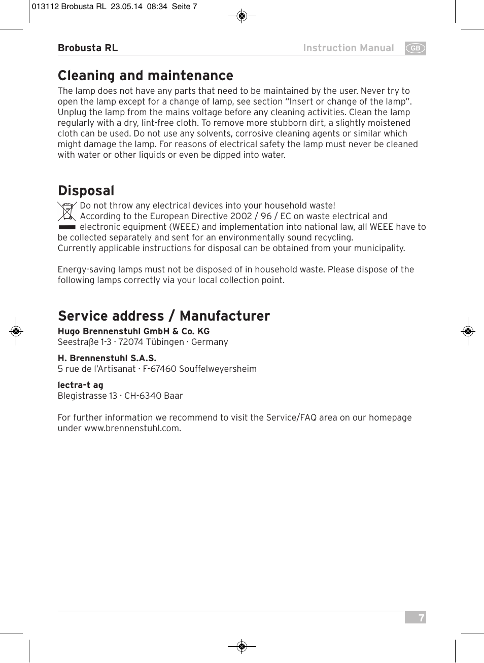 Cleaning and maintenance, Disposal, Service address / manufacturer | Brennenstuhl Brobusta All-round Lamp RL E27 IP54 5m H07RN-F 3G1,5 max.60W User Manual | Page 7 / 64
