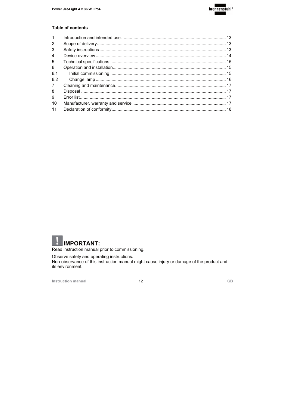 Brennenstuhl Power Jet-Light 4 x 36 Watt IP54 spotlight with steel frame 5m H07RN-F 3G1,5 4x2920lm Energy efficiency class A User Manual | Page 12 / 36