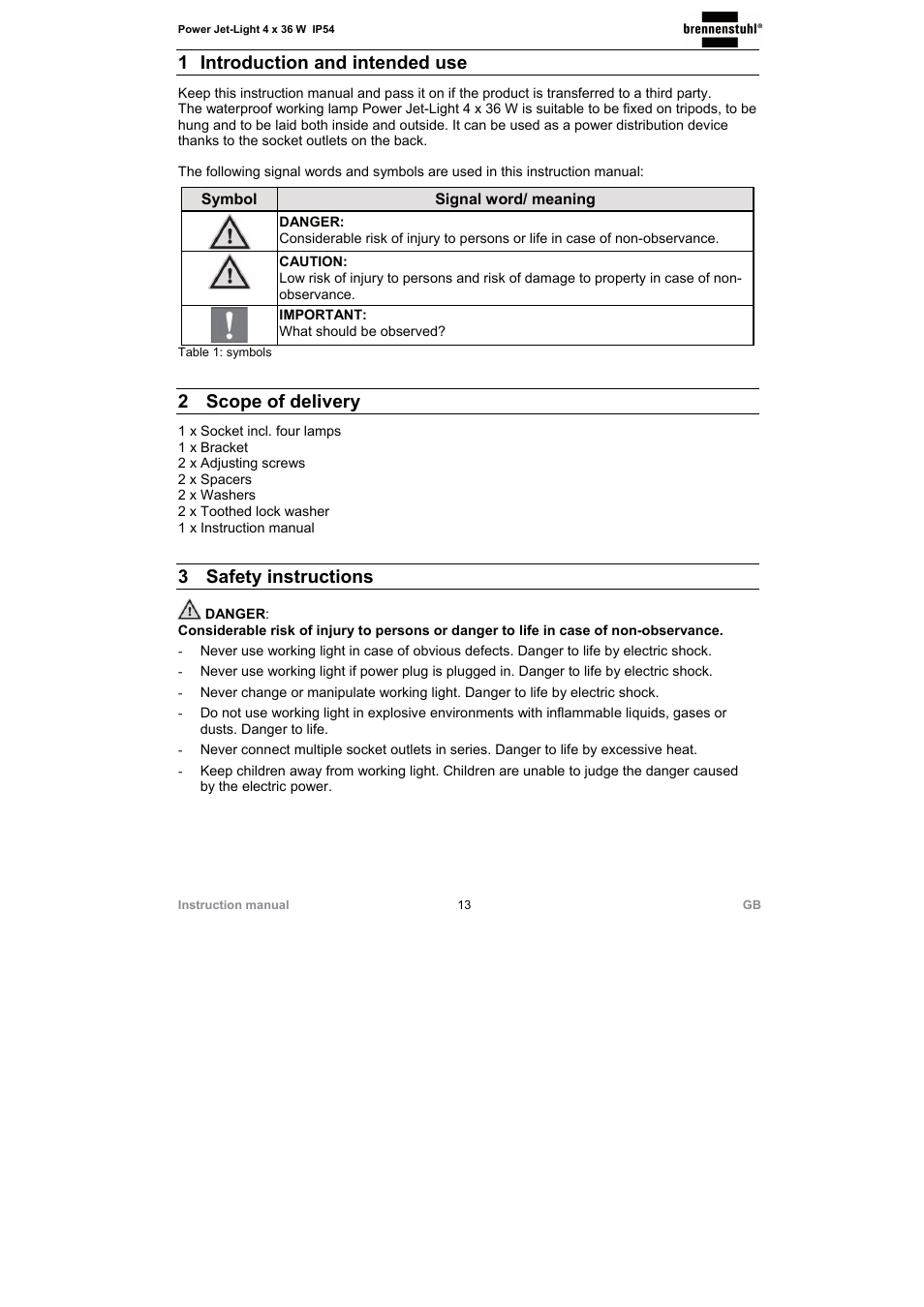 1 introduction and intended use, 2 scope of delivery, 3 safety instructions | Brennenstuhl Power Jet-Light 4 x 36 Watt IP54 spotlight with steel frame 5m H07RN-F 3G1,5 4x2920lm Energy efficiency class A User Manual | Page 13 / 36