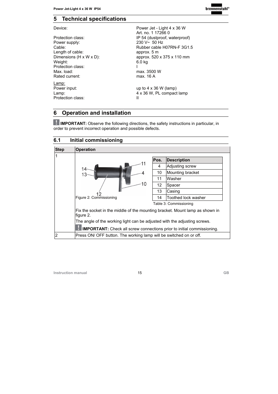 5 technical specifications, 6 operation and installation, 1 initial commissioning | Brennenstuhl Power Jet-Light 4 x 36 Watt IP54 spotlight with steel frame 5m H07RN-F 3G1,5 4x2920lm Energy efficiency class A User Manual | Page 15 / 36