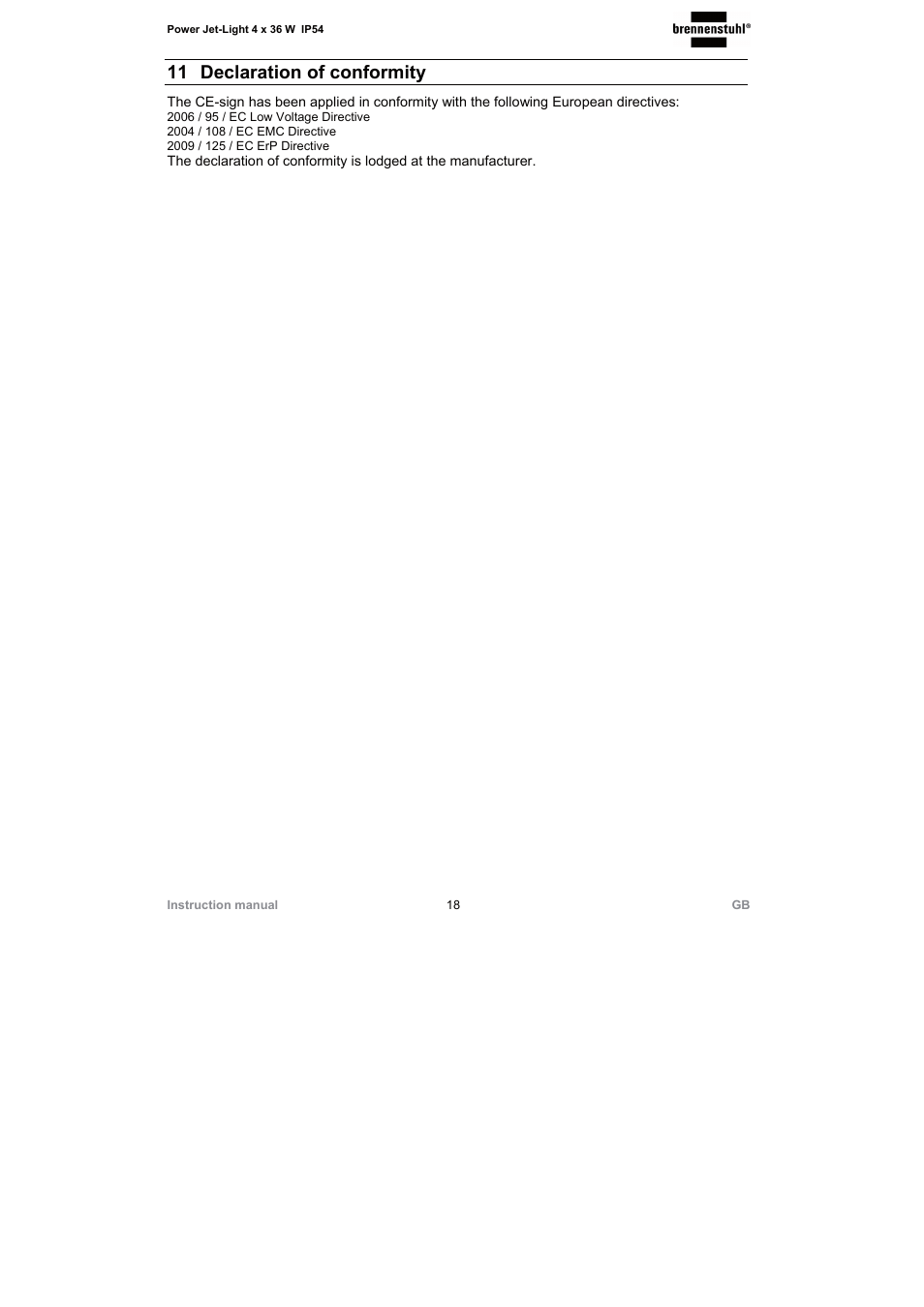 11 declaration of conformity | Brennenstuhl Power Jet-Light 4 x 36 Watt IP54 spotlight with steel frame 5m H07RN-F 3G1,5 4x2920lm Energy efficiency class A User Manual | Page 18 / 36