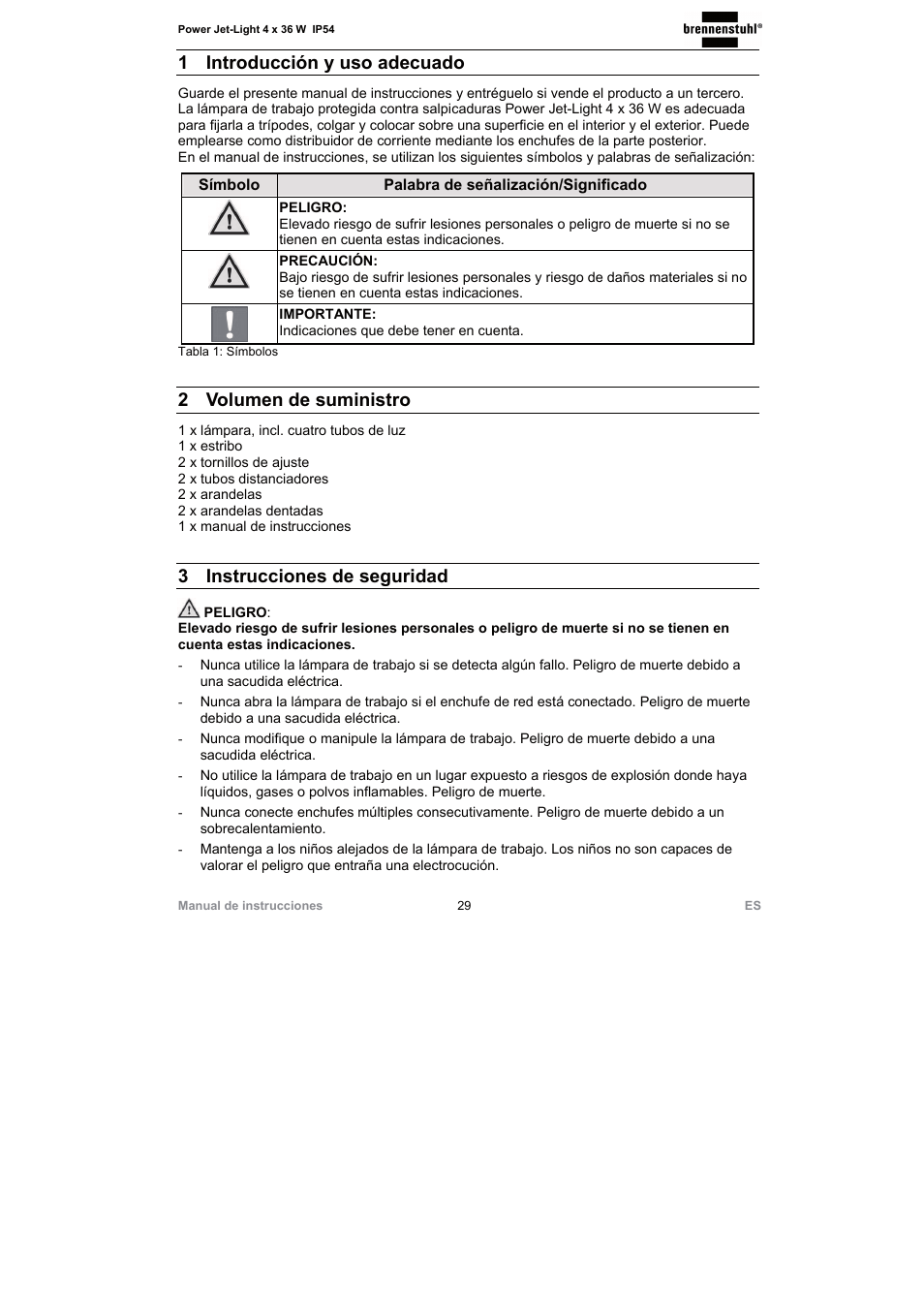 1 introducción y uso adecuado, 2 volumen de suministro, 3 instrucciones de seguridad | Brennenstuhl Power Jet-Light 4 x 36 Watt IP54 spotlight with steel frame 5m H07RN-F 3G1,5 4x2920lm Energy efficiency class A User Manual | Page 29 / 36