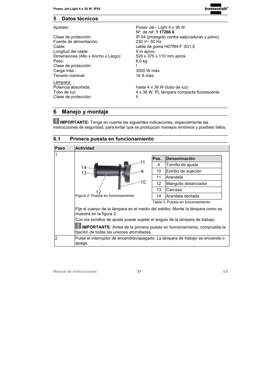 6 manejo y montaje, 5 datos técnicos, 1 primera puesta en funcionamiento | Brennenstuhl Power Jet-Light 4 x 36 Watt IP54 spotlight with steel frame 5m H07RN-F 3G1,5 4x2920lm Energy efficiency class A User Manual | Page 31 / 36