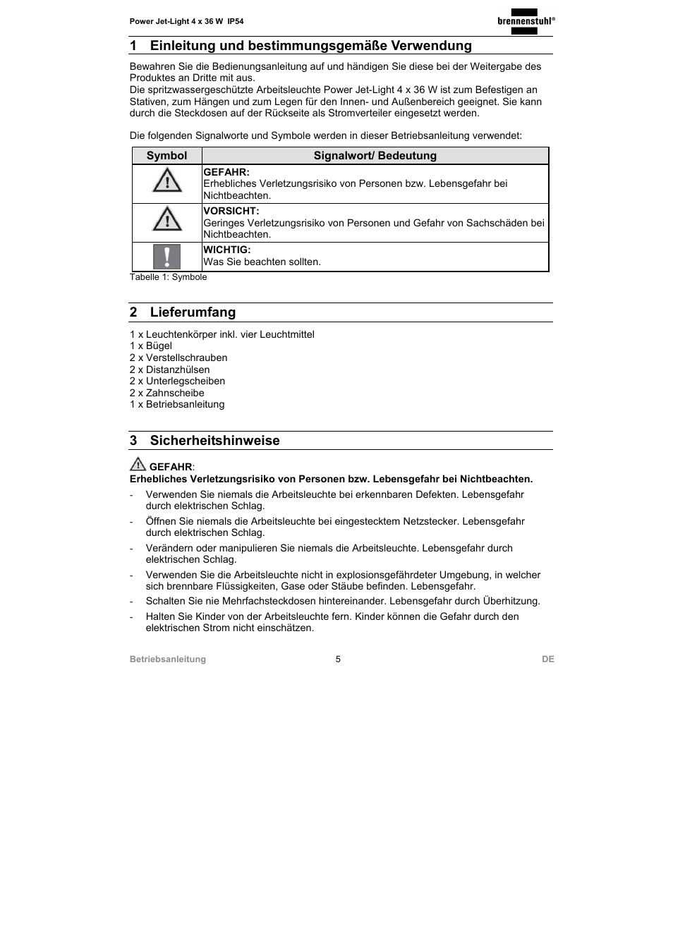 1 einleitung und bestimmungsgemäße verwendung, 2 lieferumfang, 3 sicherheitshinweise | Brennenstuhl Power Jet-Light 4 x 36 Watt IP54 spotlight with steel frame 5m H07RN-F 3G1,5 4x2920lm Energy efficiency class A User Manual | Page 5 / 36