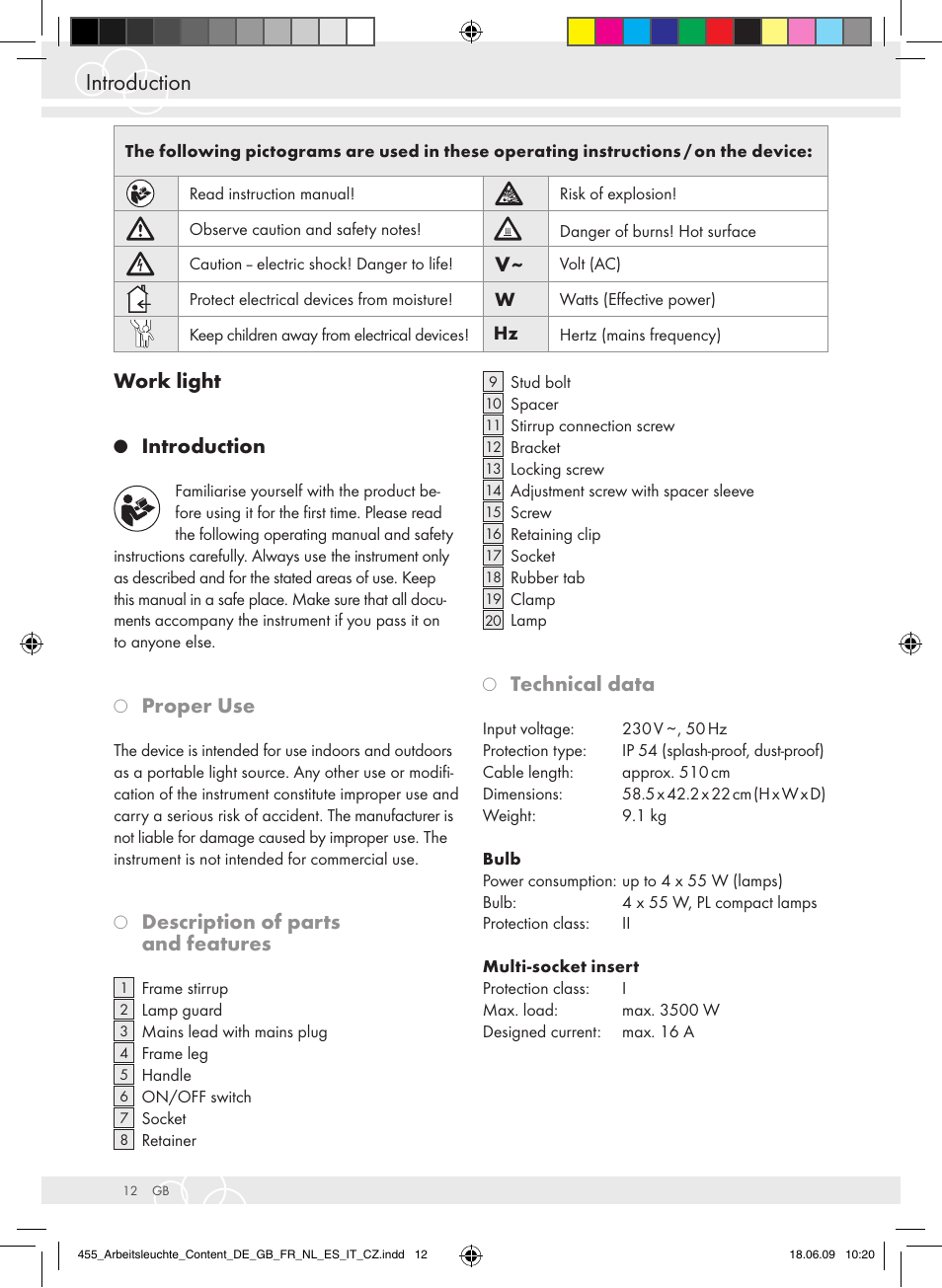 Introduction, Work light, Proper use | Description of parts and features, Technical data | Brennenstuhl Power Jet-Light 4 x 55 Watt IP54 spotlight 5m H07RN-F 3G1,5 4x4800lm Energy efficiency class A User Manual | Page 16 / 52