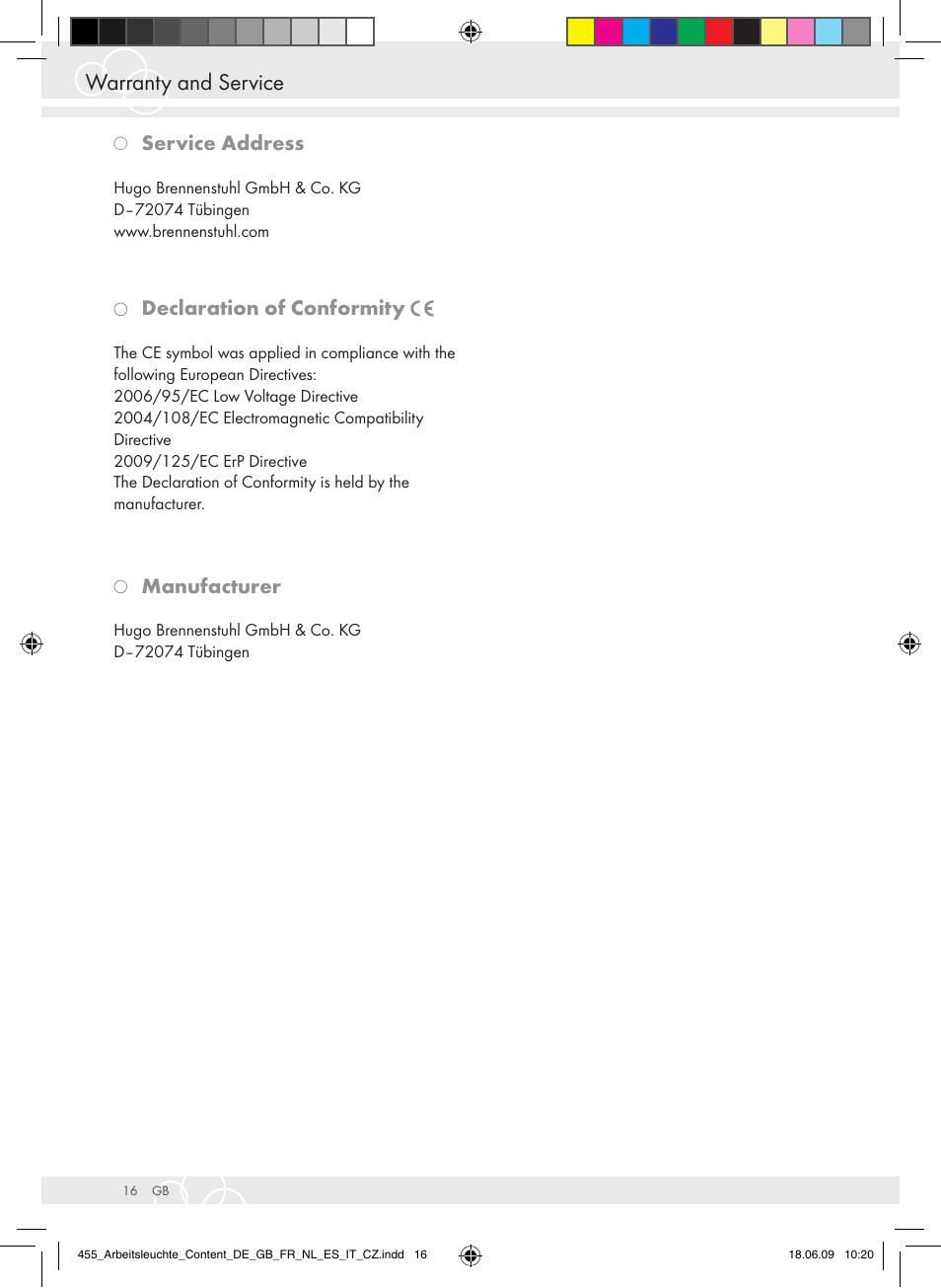 Warranty and service, Service address, Declaration of conformity | Manufacturer | Brennenstuhl Power Jet-Light 4 x 55 Watt IP54 spotlight 5m H07RN-F 3G1,5 4x4800lm Energy efficiency class A User Manual | Page 20 / 52