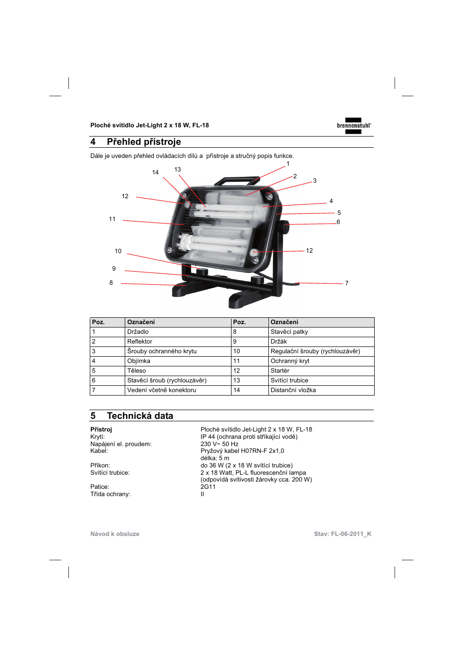 4 pĝehled pĝístroje, 5 technická data | Brennenstuhl Flat Light Jet-Light 36Watt IP44 5m H07RN-F 2x1,0 2x18W 2x1200lm Energy efficiency class B User Manual | Page 55 / 64