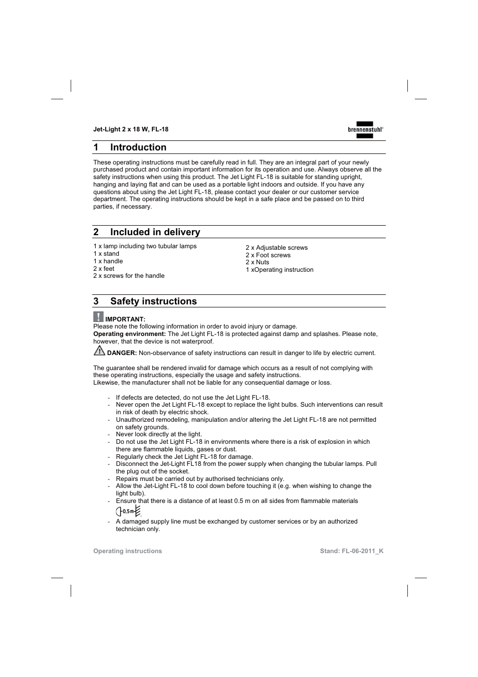 1 introduction, 2included in delivery, 3 safety instructions | Brennenstuhl Flat Light Jet-Light 36Watt IP44 5m H07RN-F 2x1,0 2x18W 2x1200lm Energy efficiency class B User Manual | Page 9 / 64
