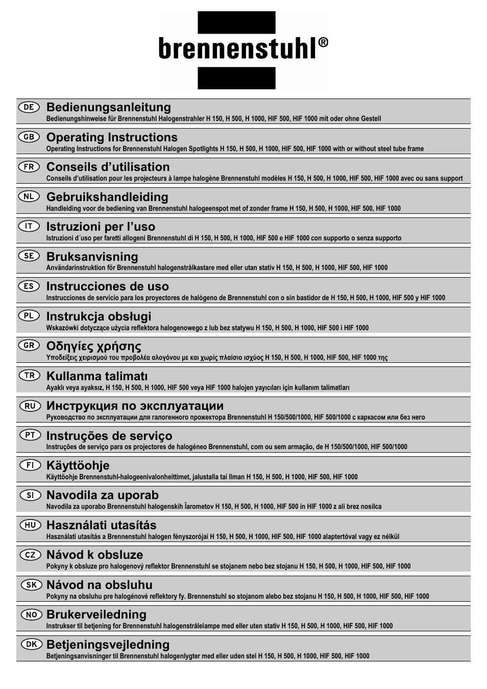 Brennenstuhl Halogen Floodlight H 1000 N IP65 1000W User Manual | 8 pages