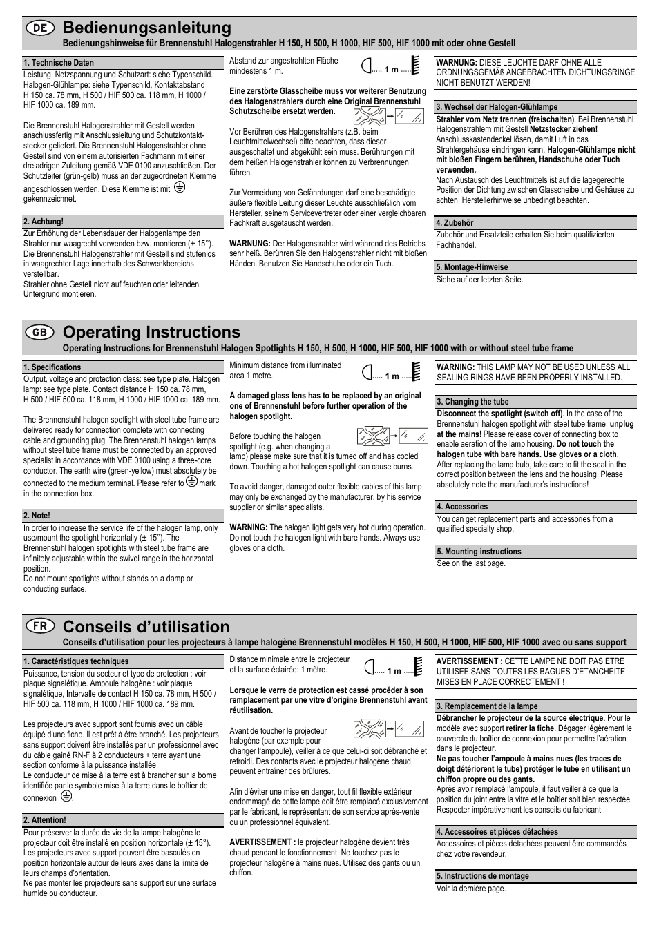 Operating instructions, Mounting instructions, Conseils d’utilisation | Bedienungsanleitung | Brennenstuhl Halogen Floodlight H 1000 N IP65 1000W User Manual | Page 2 / 8