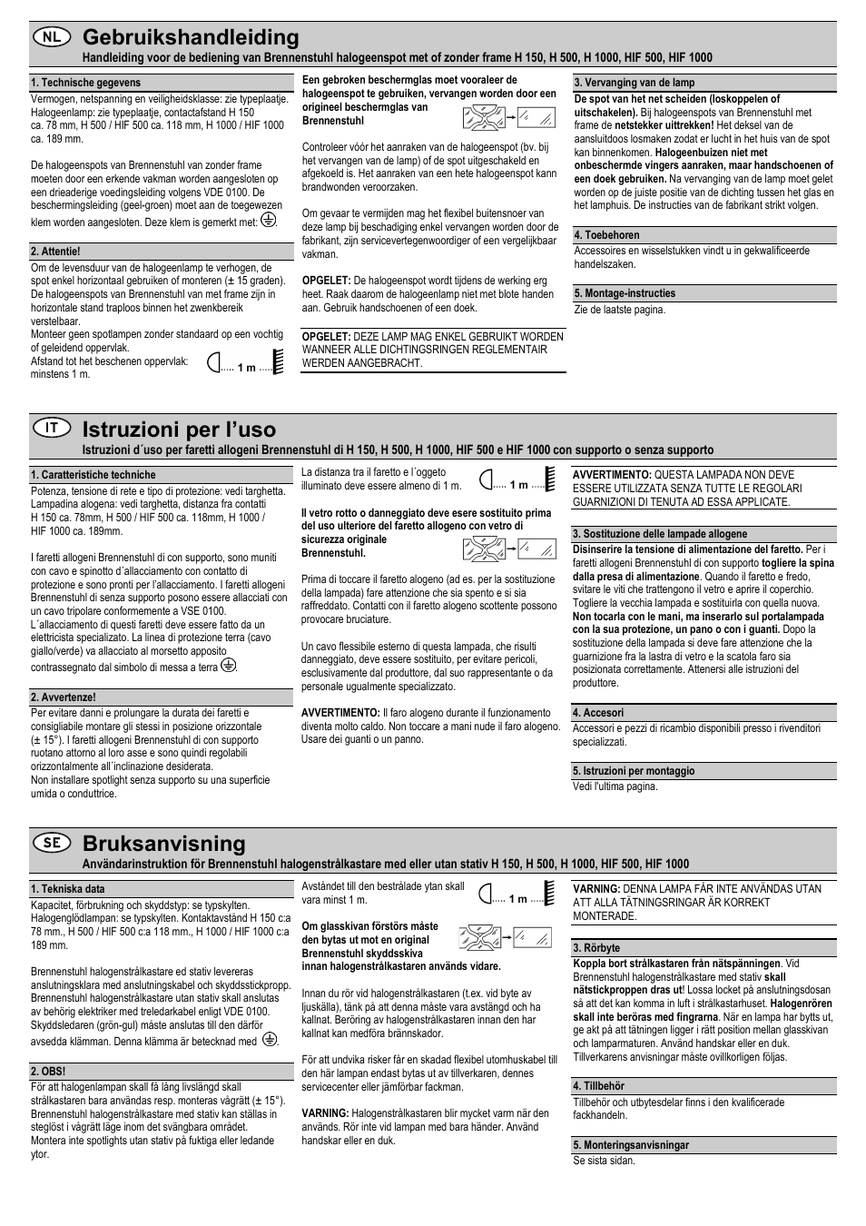 Gebruikshandleiding, Istruzioni per l’uso, Bruksanvisning | Brennenstuhl Halogen Floodlight H 1000 N IP65 1000W User Manual | Page 3 / 8