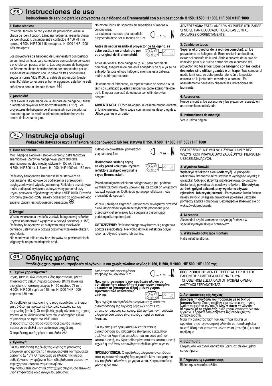 Instrucciones de uso, Instrukcja obsługi, Οδηγίες χρήσης | Brennenstuhl Halogen Floodlight H 1000 N IP65 1000W User Manual | Page 4 / 8