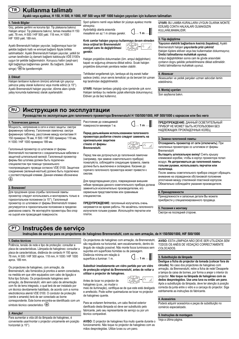 Kullanma talimatı, Инструкция по эксплуатации, Instruções de serviço | Brennenstuhl Halogen Floodlight H 1000 N IP65 1000W User Manual | Page 5 / 8