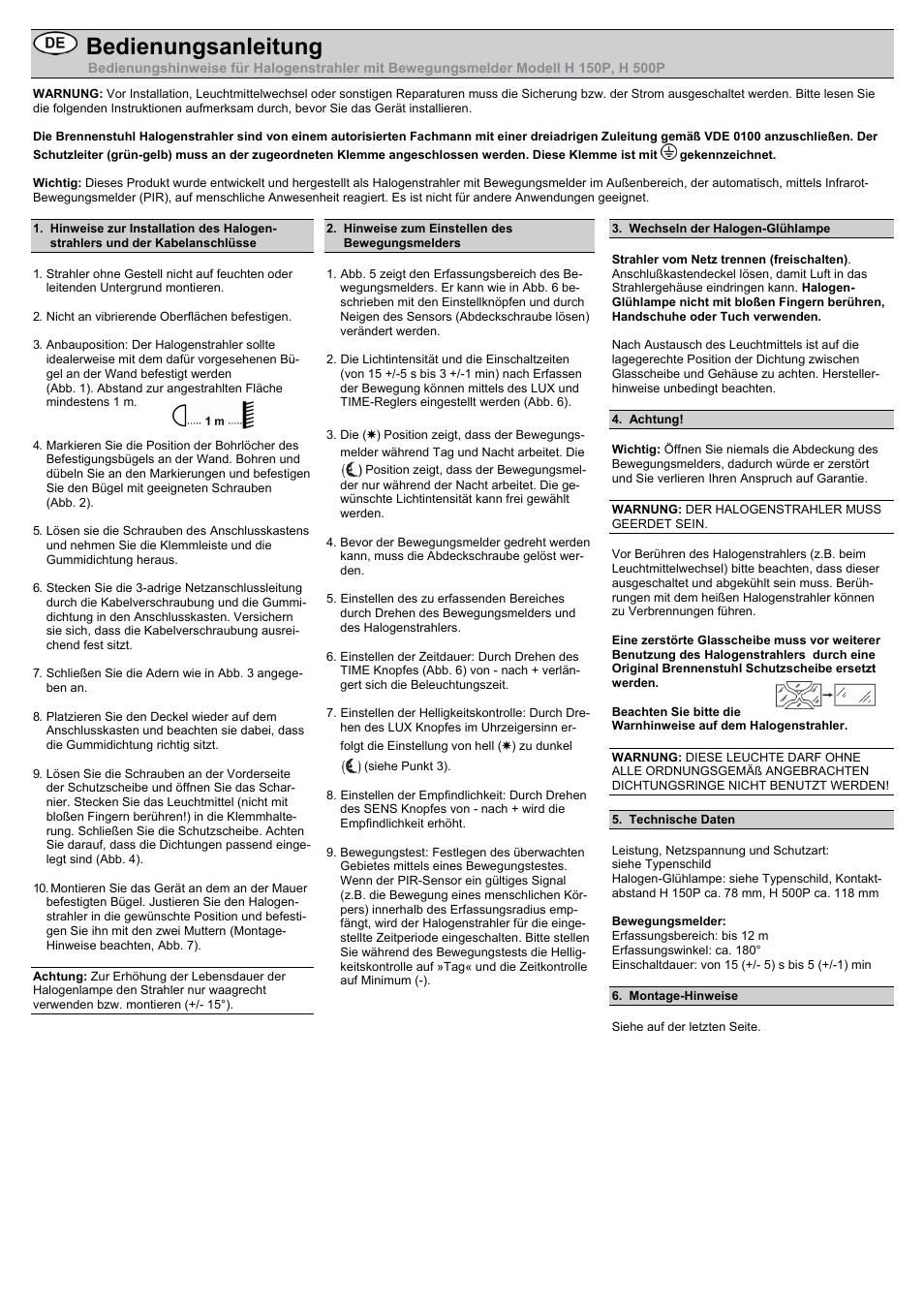 Brennenstuhl Halogen Light H 500 IP44 with PIR sensor 400W 8545lm black Energy efficiency class C User Manual | 16 pages