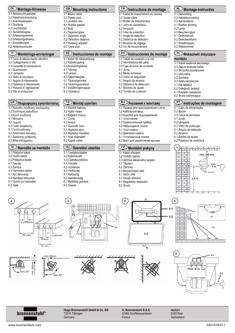Montage-hinweise, Mounting instructions, Instructions de montage | Montage-instructies, Monterings-anvisningar, Instrucciones de montaje, Montaj uyarıları, Указания к монтажу, Instruções de montagem, Navodilo za montažo | Brennenstuhl Halogen Light H 500 IP44 with PIR sensor 400W 8545lm black Energy efficiency class C User Manual | Page 16 / 16