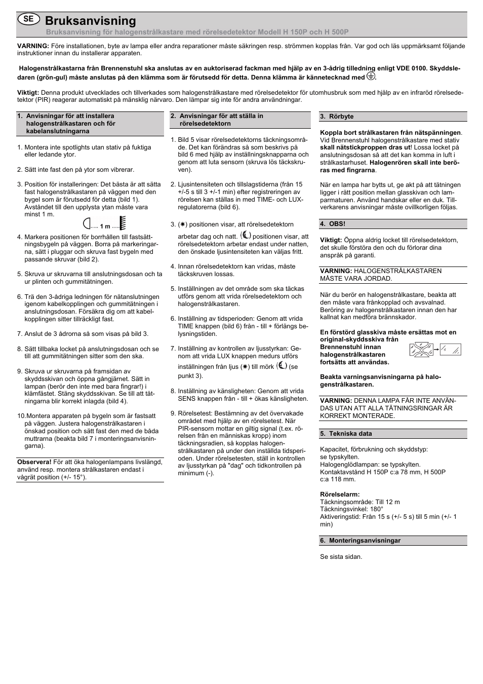 Bruksanvisning | Brennenstuhl Halogen Light H 500 IP44 with PIR sensor 400W 8545lm black Energy efficiency class C User Manual | Page 6 / 16