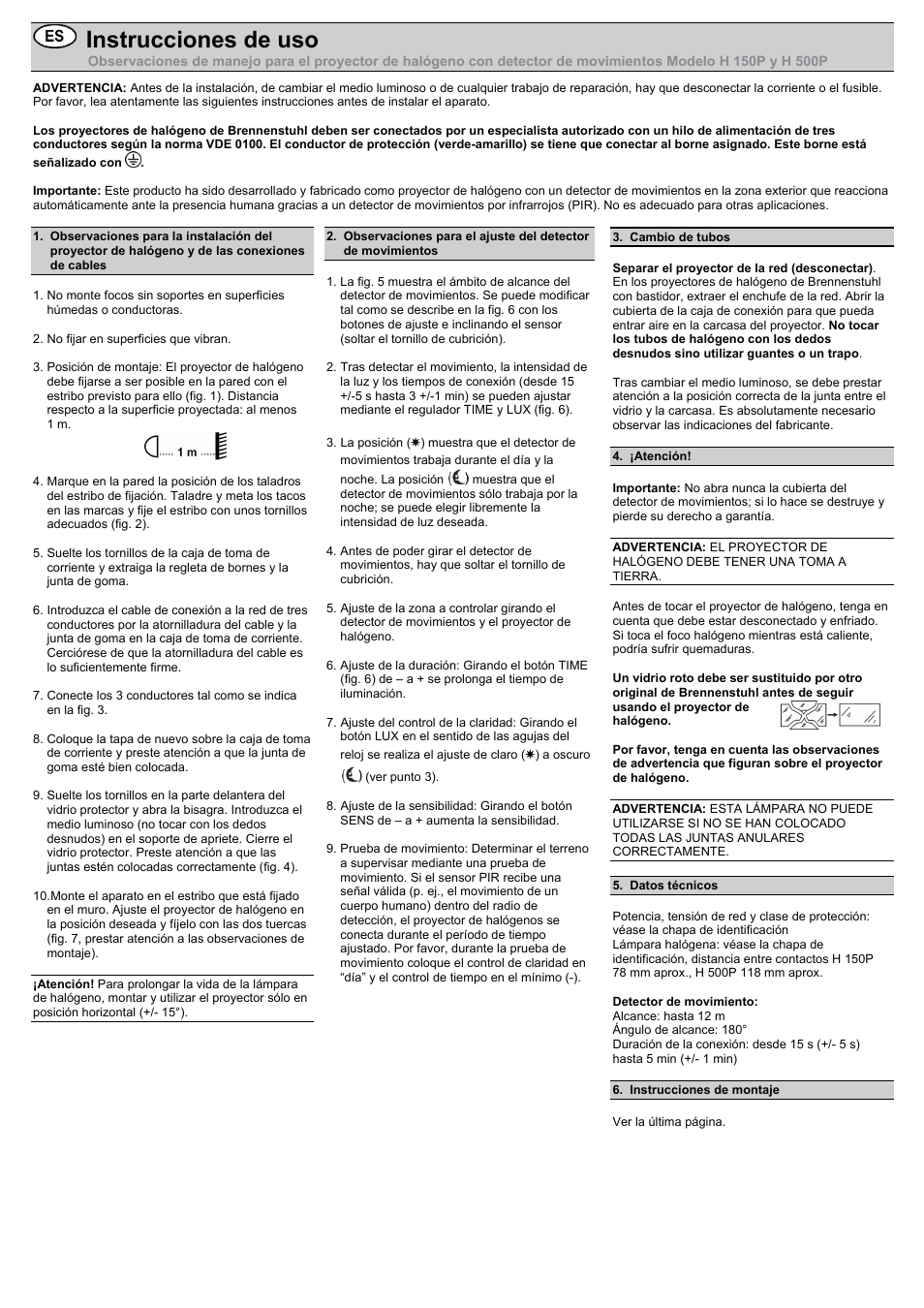 Instrucciones de uso | Brennenstuhl Halogen Light H 500 IP44 with PIR sensor 400W 8545lm black Energy efficiency class C User Manual | Page 7 / 16