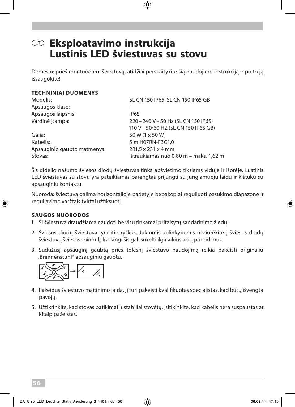 Brennenstuhl COB LED Light SL CN 150 IP65 with tripod 5m H07RN-F 3G1,0 50W 3500lm Energy efficiency class A User Manual | Page 56 / 64
