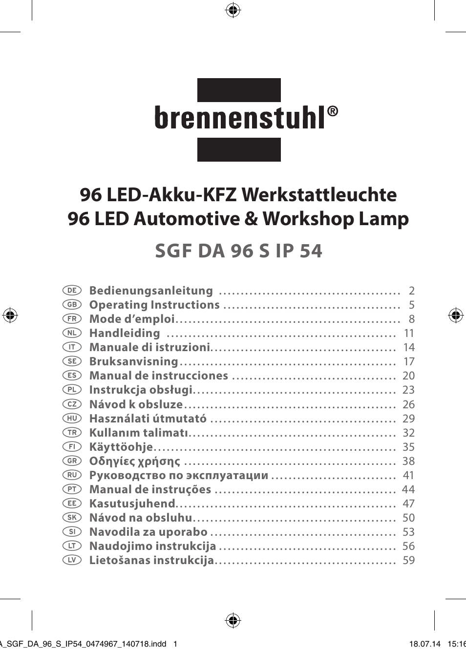 Brennenstuhl SMD LED Automotive and Workshop Rechargeable Light SGF DA 96 S IP54 with battery, charger for car cigarette lighter and quick clamp device User Manual | 64 pages