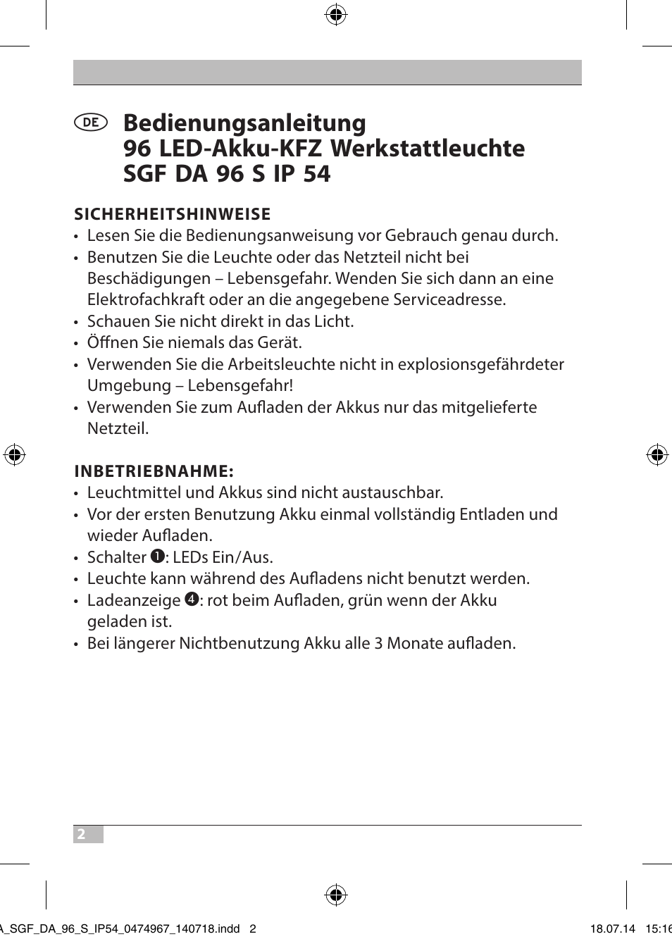 Brennenstuhl SMD LED Automotive and Workshop Rechargeable Light SGF DA 96 S IP54 with battery, charger for car cigarette lighter and quick clamp device User Manual | Page 2 / 64