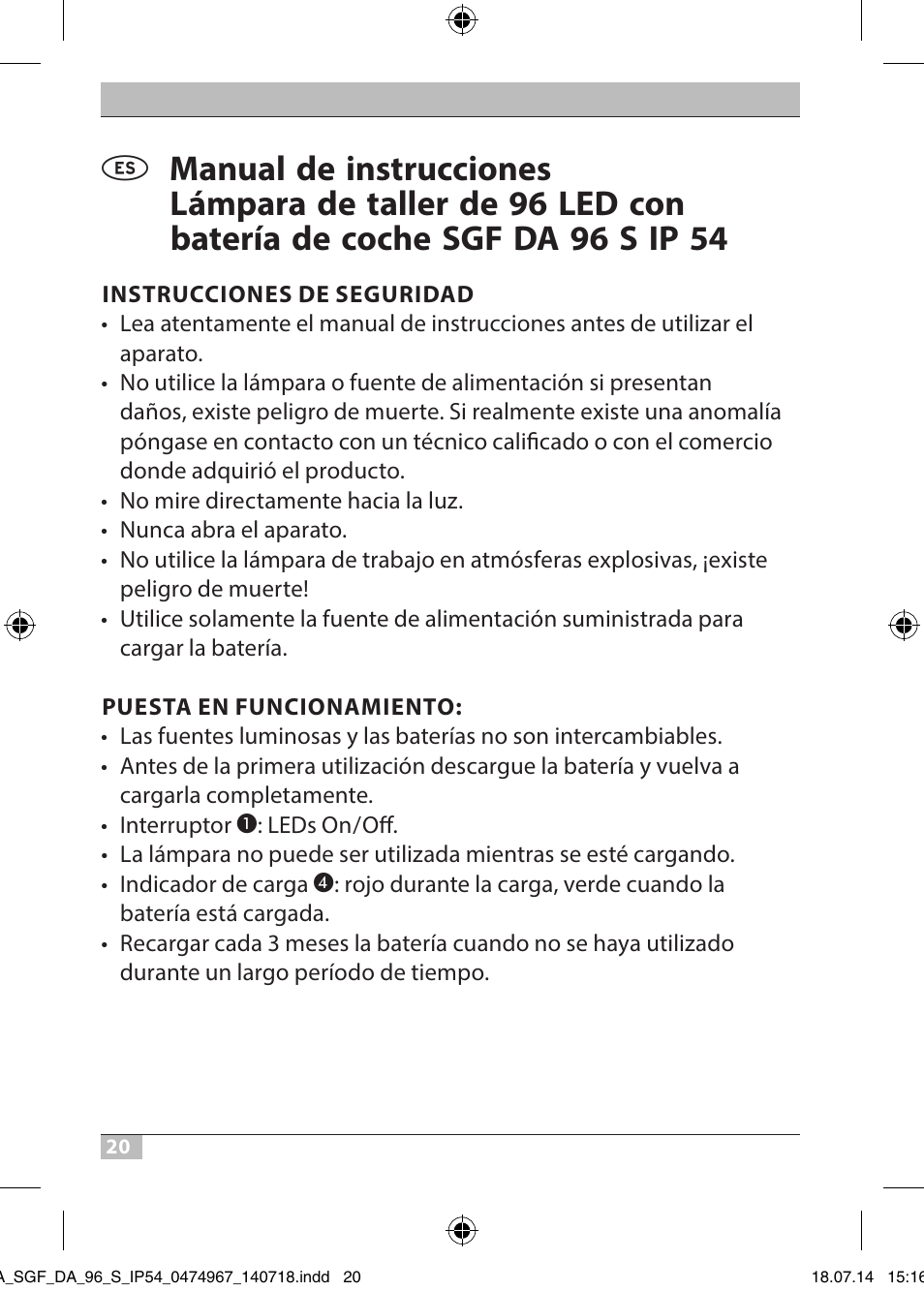 Brennenstuhl SMD LED Automotive and Workshop Rechargeable Light SGF DA 96 S IP54 with battery, charger for car cigarette lighter and quick clamp device User Manual | Page 20 / 64