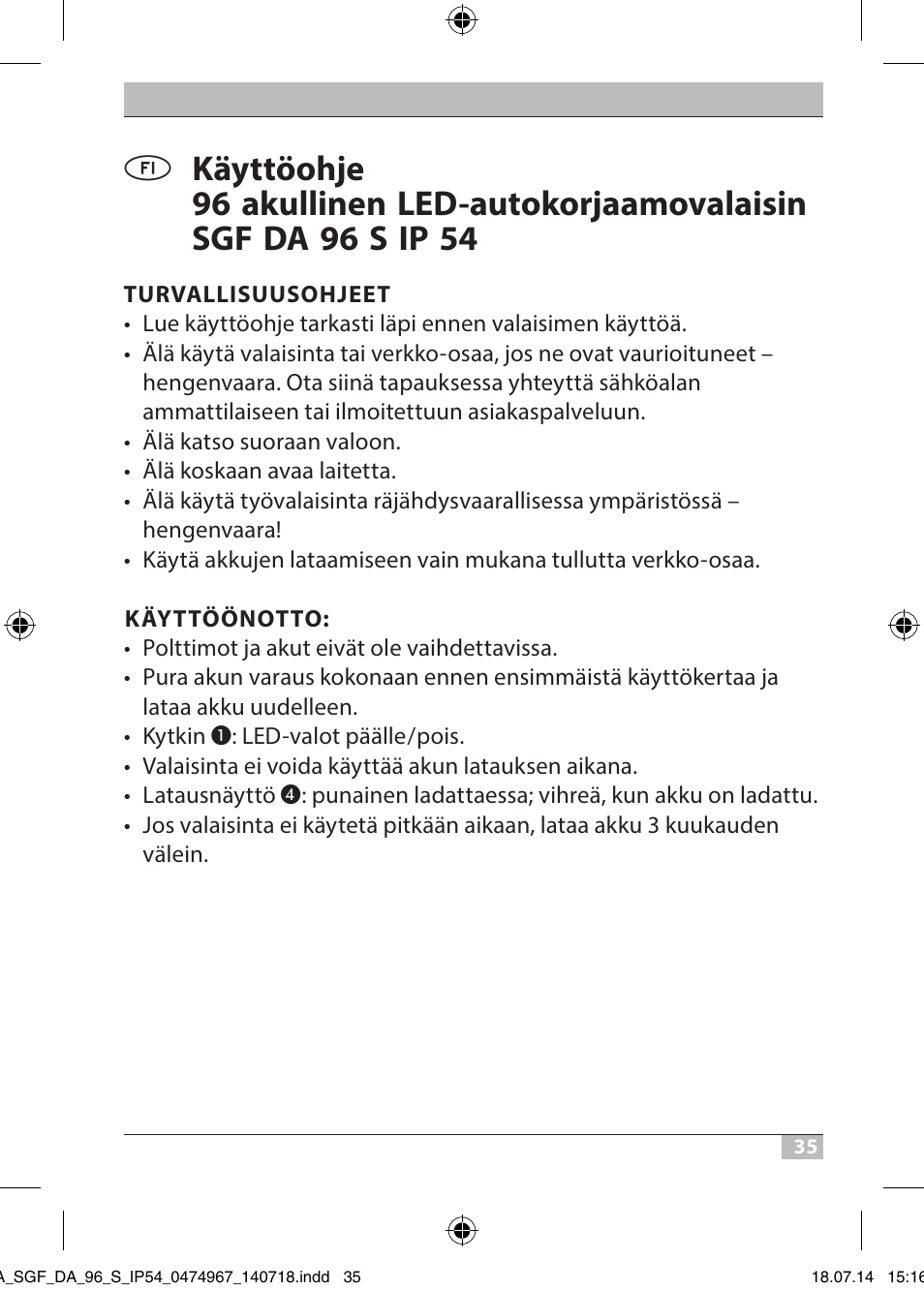 Brennenstuhl SMD LED Automotive and Workshop Rechargeable Light SGF DA 96 S IP54 with battery, charger for car cigarette lighter and quick clamp device User Manual | Page 35 / 64