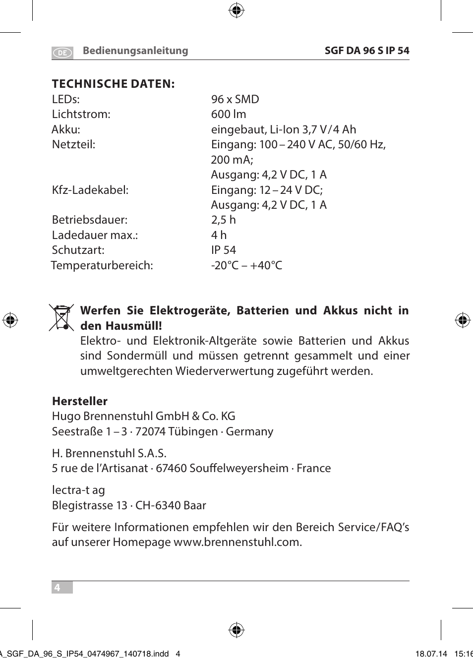 Brennenstuhl SMD LED Automotive and Workshop Rechargeable Light SGF DA 96 S IP54 with battery, charger for car cigarette lighter and quick clamp device User Manual | Page 4 / 64