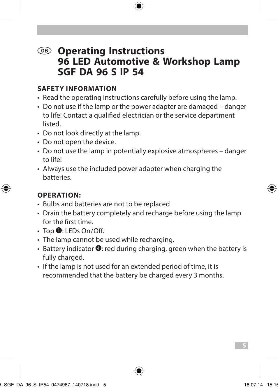 Brennenstuhl SMD LED Automotive and Workshop Rechargeable Light SGF DA 96 S IP54 with battery, charger for car cigarette lighter and quick clamp device User Manual | Page 5 / 64