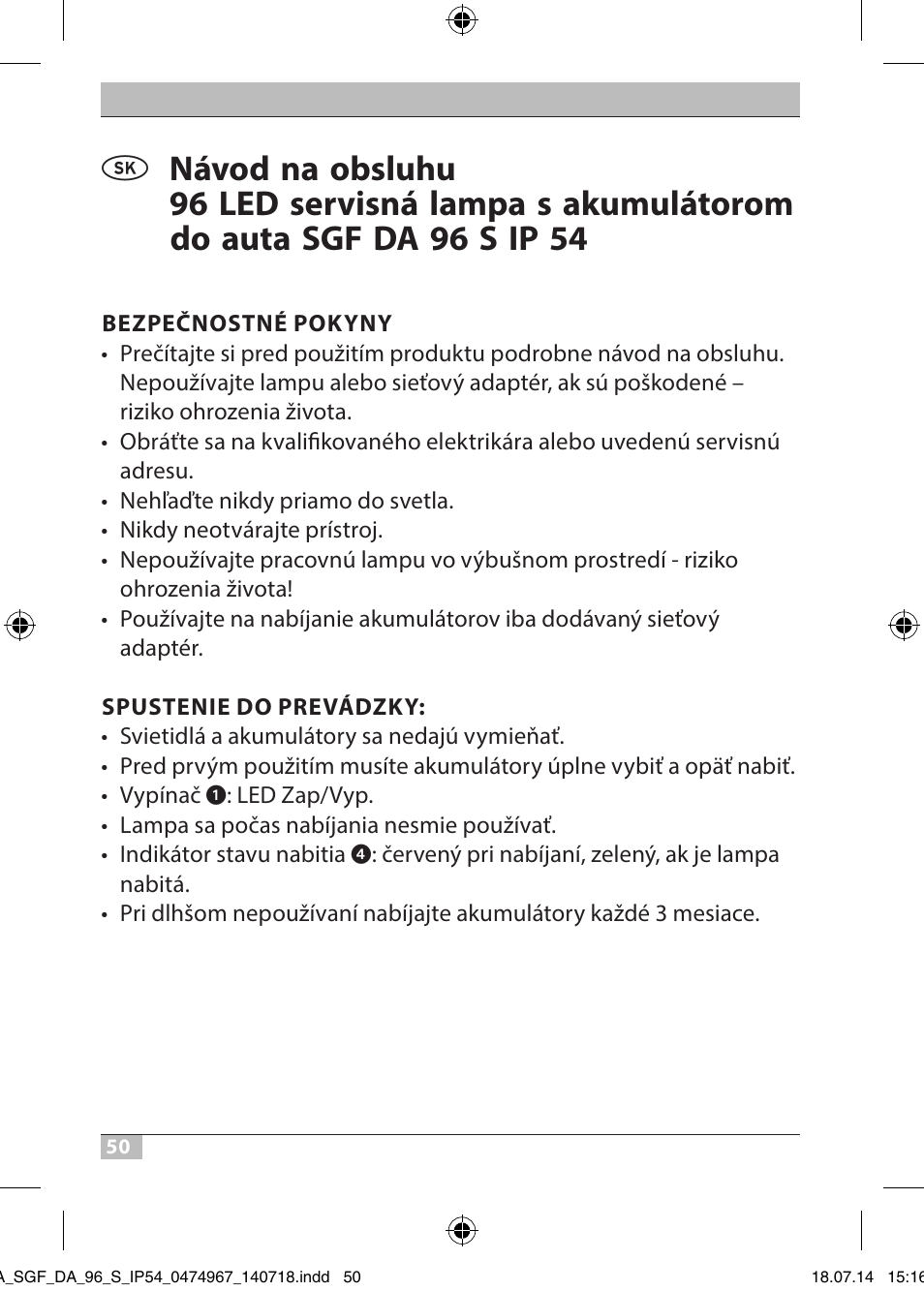 Brennenstuhl SMD LED Automotive and Workshop Rechargeable Light SGF DA 96 S IP54 with battery, charger for car cigarette lighter and quick clamp device User Manual | Page 50 / 64