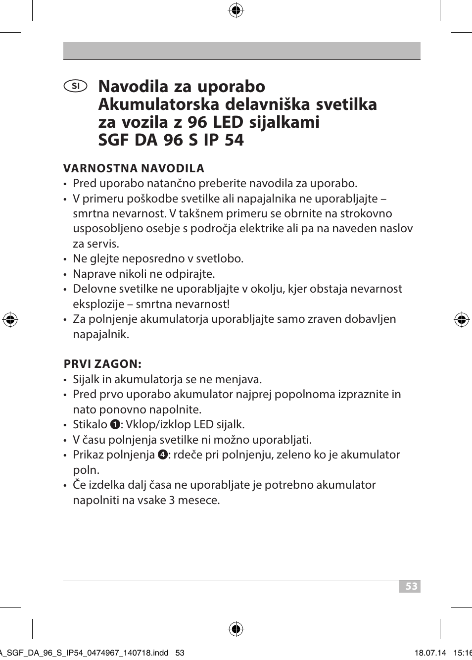 Brennenstuhl SMD LED Automotive and Workshop Rechargeable Light SGF DA 96 S IP54 with battery, charger for car cigarette lighter and quick clamp device User Manual | Page 53 / 64