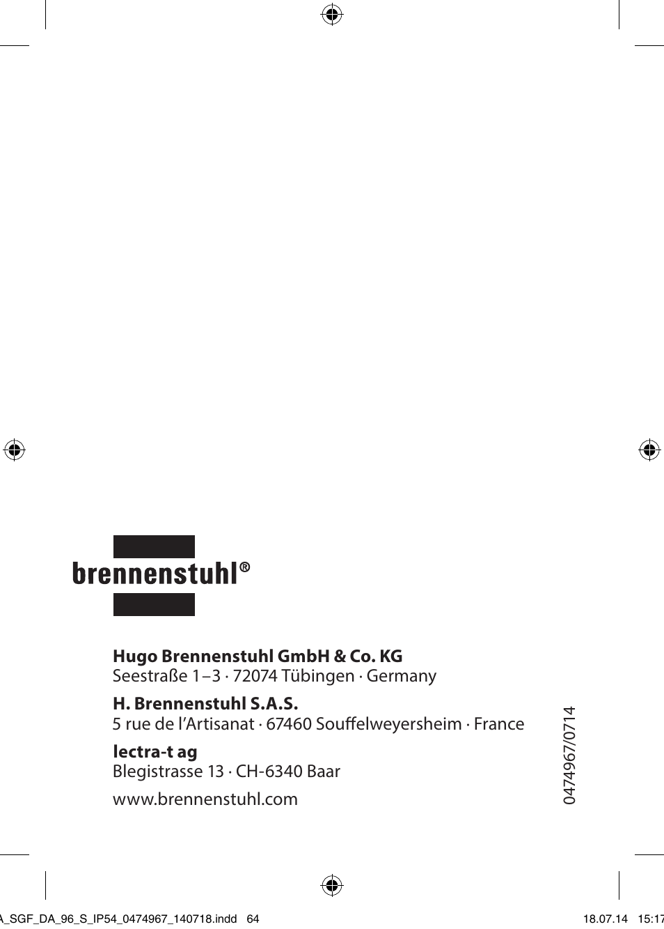 Brennenstuhl SMD LED Automotive and Workshop Rechargeable Light SGF DA 96 S IP54 with battery, charger for car cigarette lighter and quick clamp device User Manual | Page 64 / 64