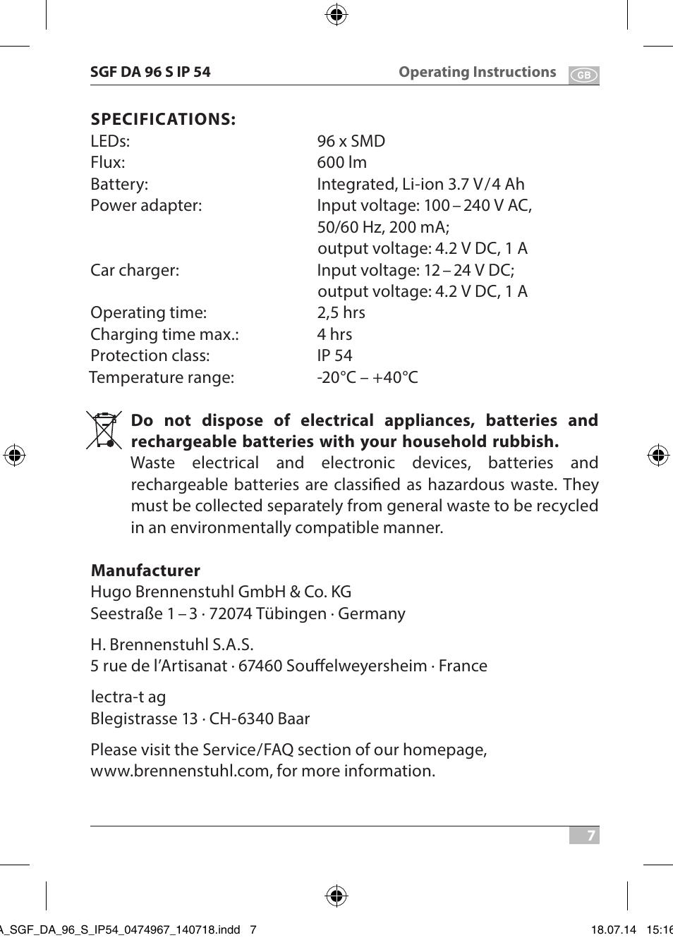 Brennenstuhl SMD LED Automotive and Workshop Rechargeable Light SGF DA 96 S IP54 with battery, charger for car cigarette lighter and quick clamp device User Manual | Page 7 / 64