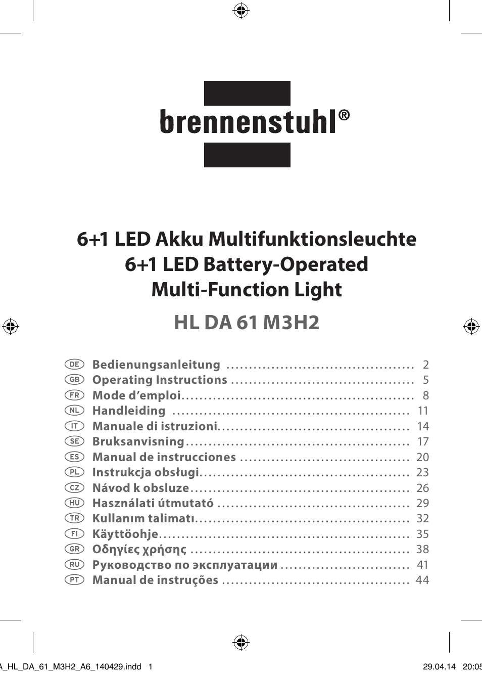 Brennenstuhl 6+1 LED Battery-Operated Multi-Function Light HL DA 61 M3H2 3 magnets, 2 hooks, 170 Рfoldable User Manual | 48 pages