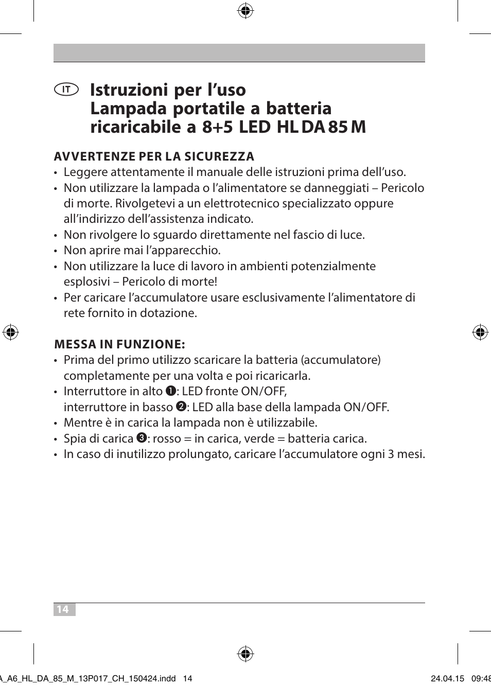 Brennenstuhl 8+5 LED Akku Hand Lamp HL DA 85 M 240lm 6000K 3h User Manual | Page 14 / 52