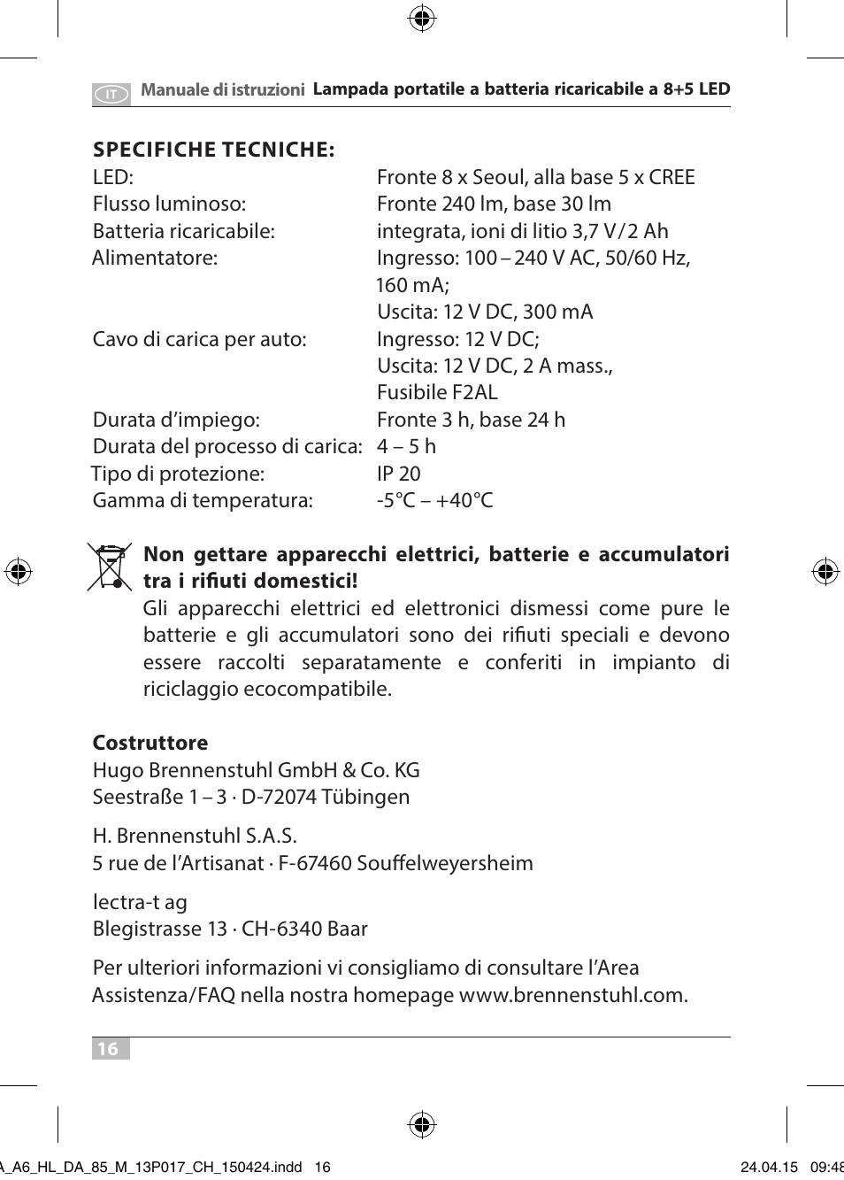 Brennenstuhl 8+5 LED Akku Hand Lamp HL DA 85 M 240lm 6000K 3h User Manual | Page 16 / 52